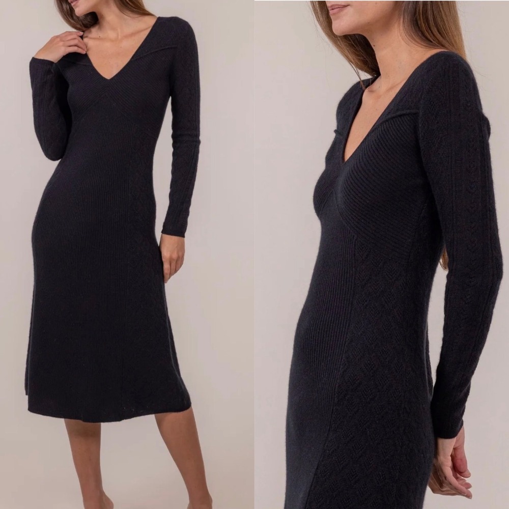 TSE 100% Cashmere Pointelle Stitch Sweater Dress M Black Quiet Luxury Minimalist